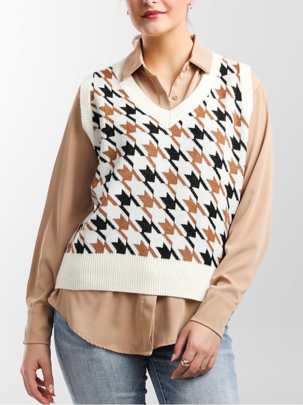 Timing Size Large Houndstooth Knit Sweater Vest in Cream, Black & Brown NWOT